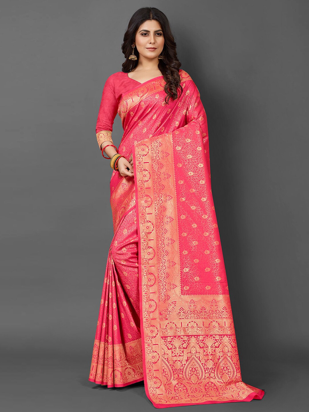 

Mitera Ethnic Motifs Woven Design Zari Silk Blend Kanjeevaram Saree, Pink