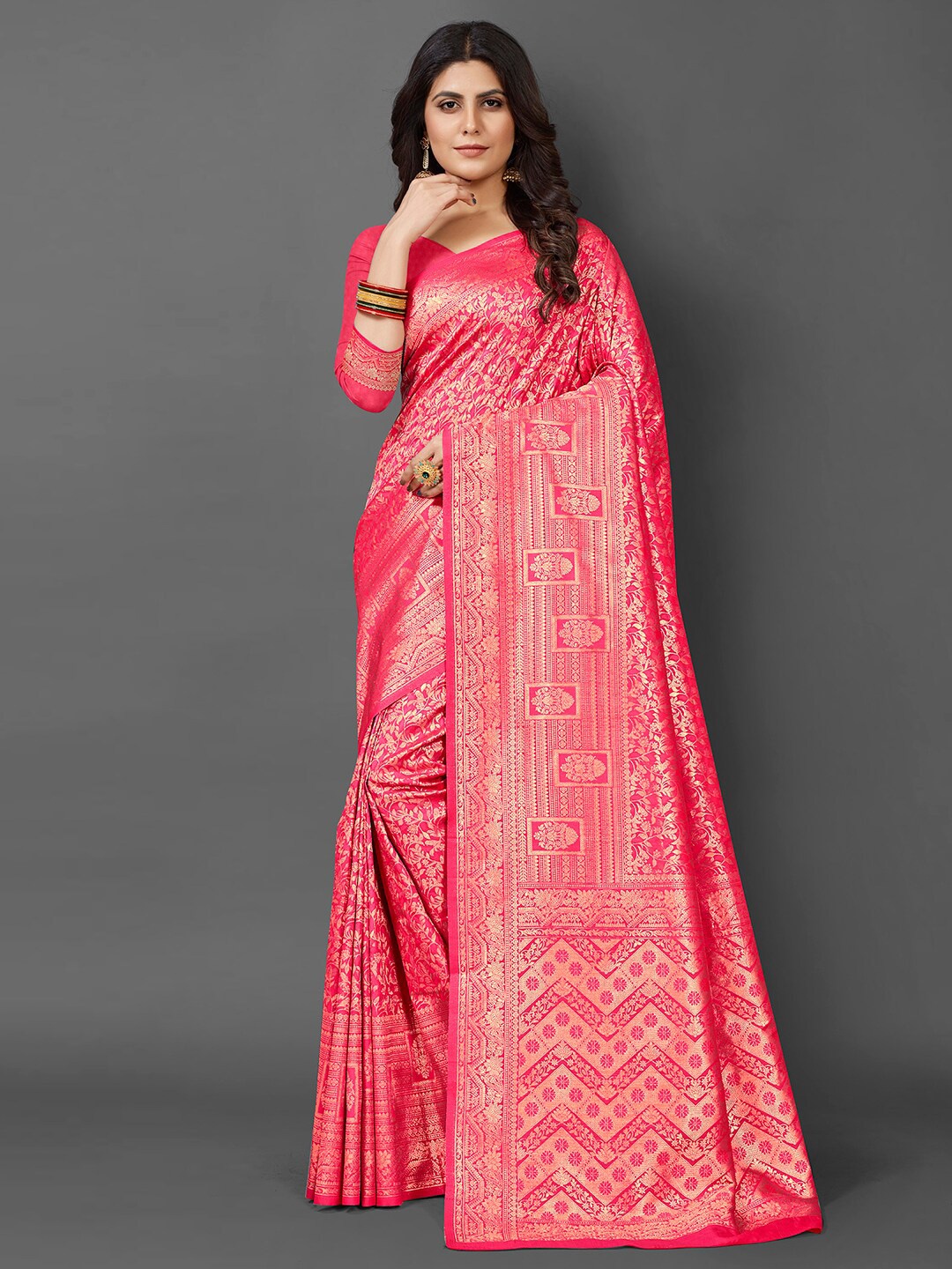 

Mitera Ethnic Motifs Woven Design Zari Silk Blend Kanjeevaram Saree, Pink