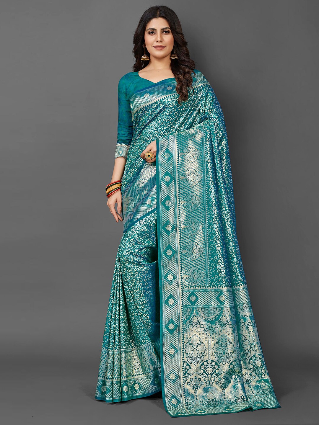 

Mitera Ethnic Motifs Woven Design Zari Kanjeevaram Saree, Teal