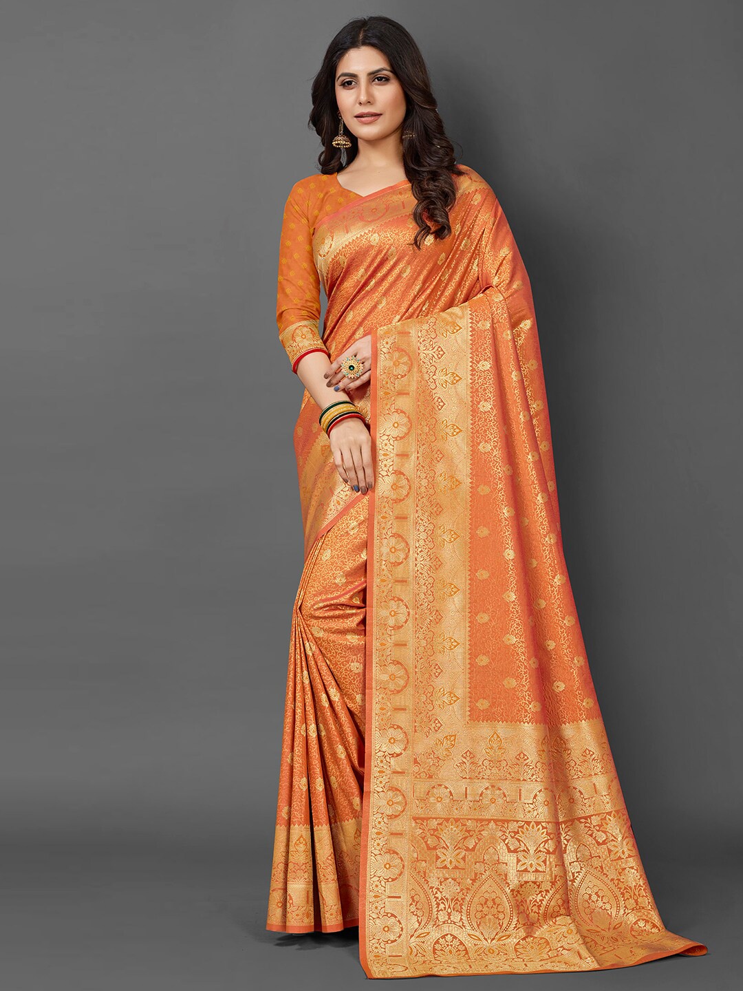 

Mitera Ethnic Motifs Woven Design Zari Silk Blend Kanjeevaram Saree, Mustard