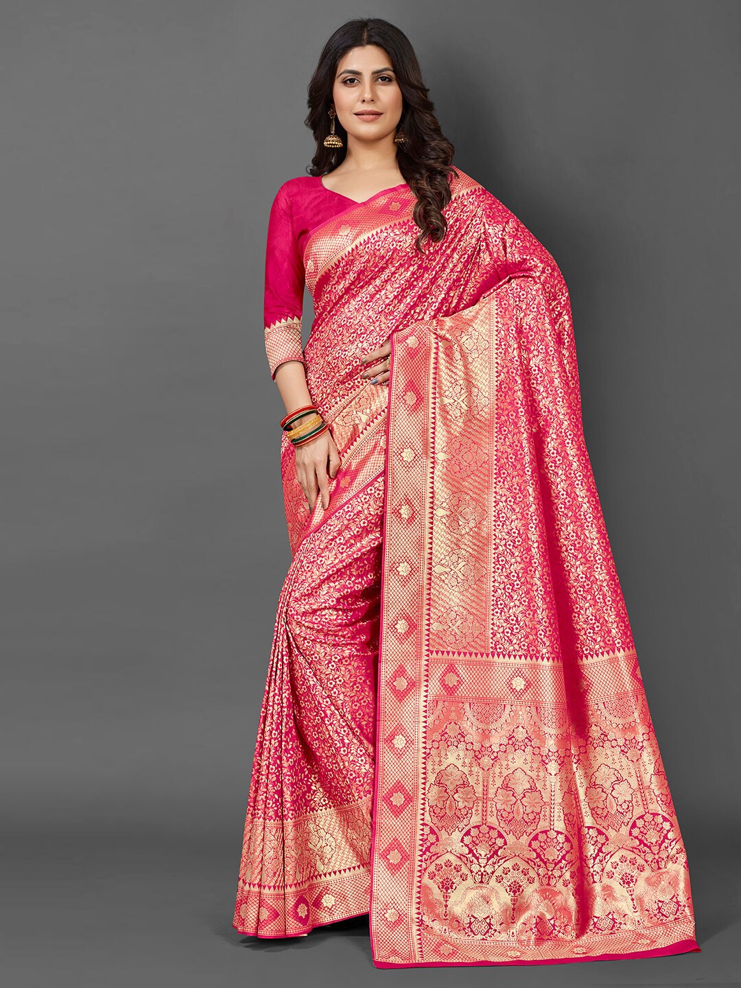 

Mitera Floral Woven Design Zari Silk Blend Kanjeevaram Saree, Pink