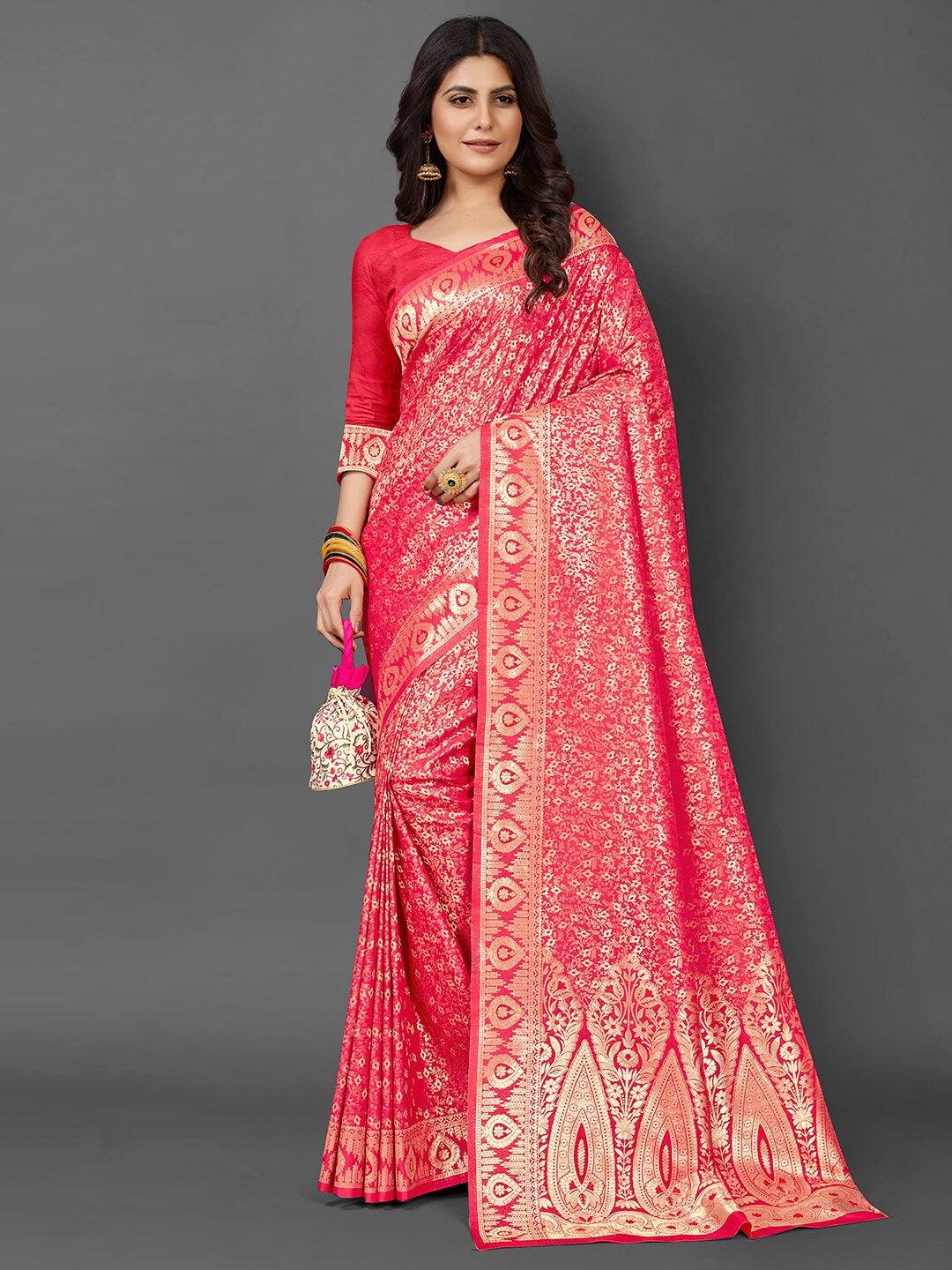 

Mitera Ethnic Motifs Woven Design Zari Silk Blend Kanjeevaram Saree, Pink