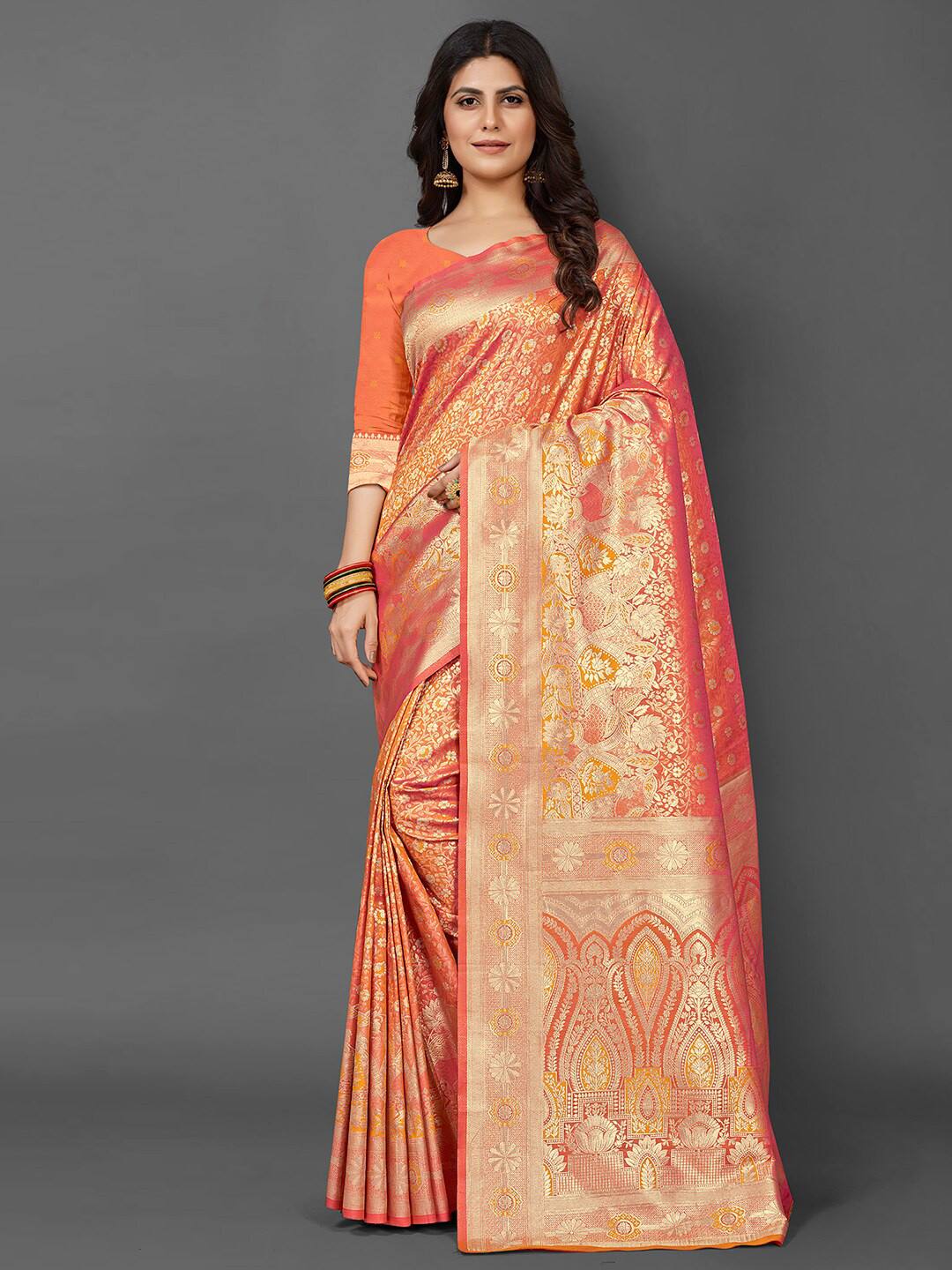

Mitera Ethnic Motifs Woven Design Zari Silk Blend Kanjeevaram Saree, Orange