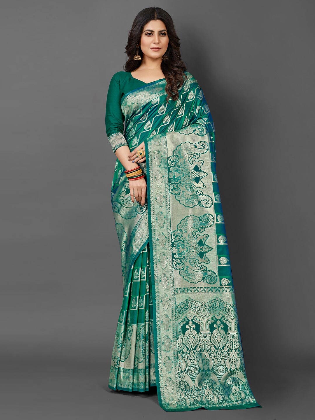 

Mitera Ethnic Motifs Woven Design Kanjeevaram Saree, Teal