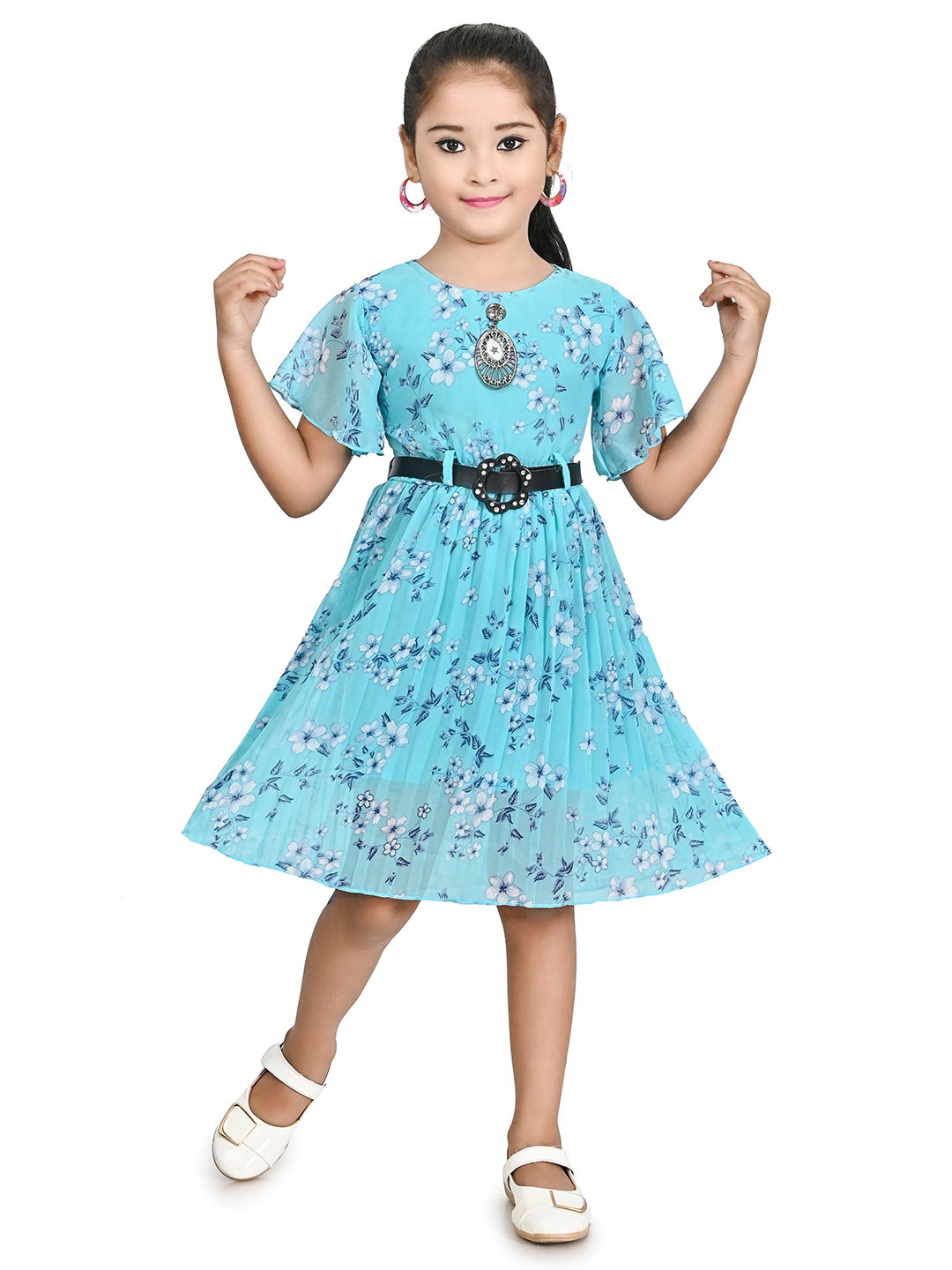 

carrydreams Girls Floral Printed Flared Sleeve Belted Georgette Fit & Flare Dress, Turquoise blue
