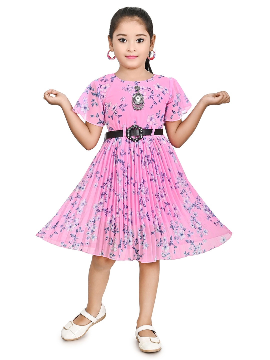 

carrydreams Flared Sleeves Floral Printed Georgette Fit & Flare Dress, Purple