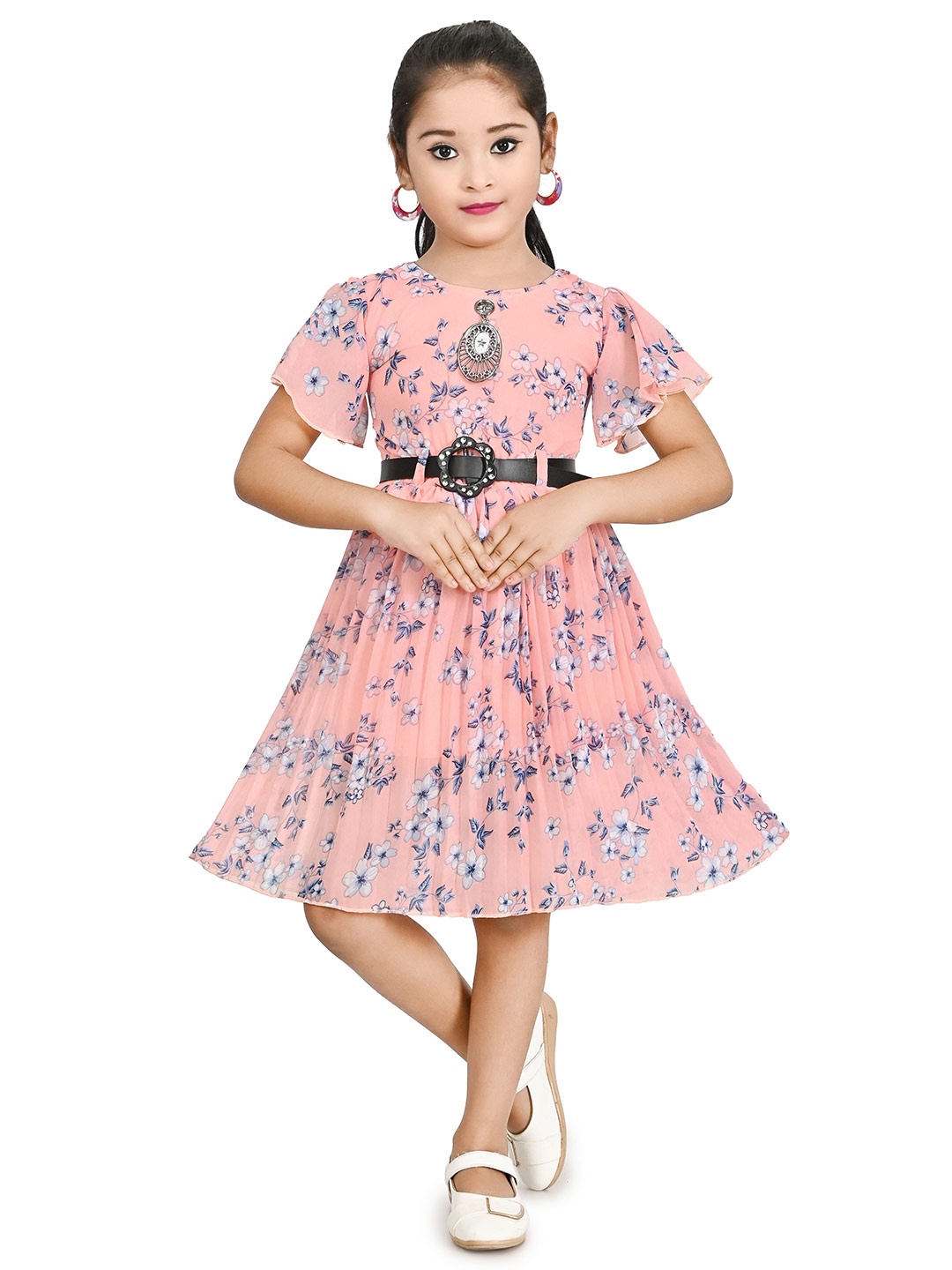 

carrydreams Flared Sleeves Floral Printed Georgette Fit & Flare Dress, Peach