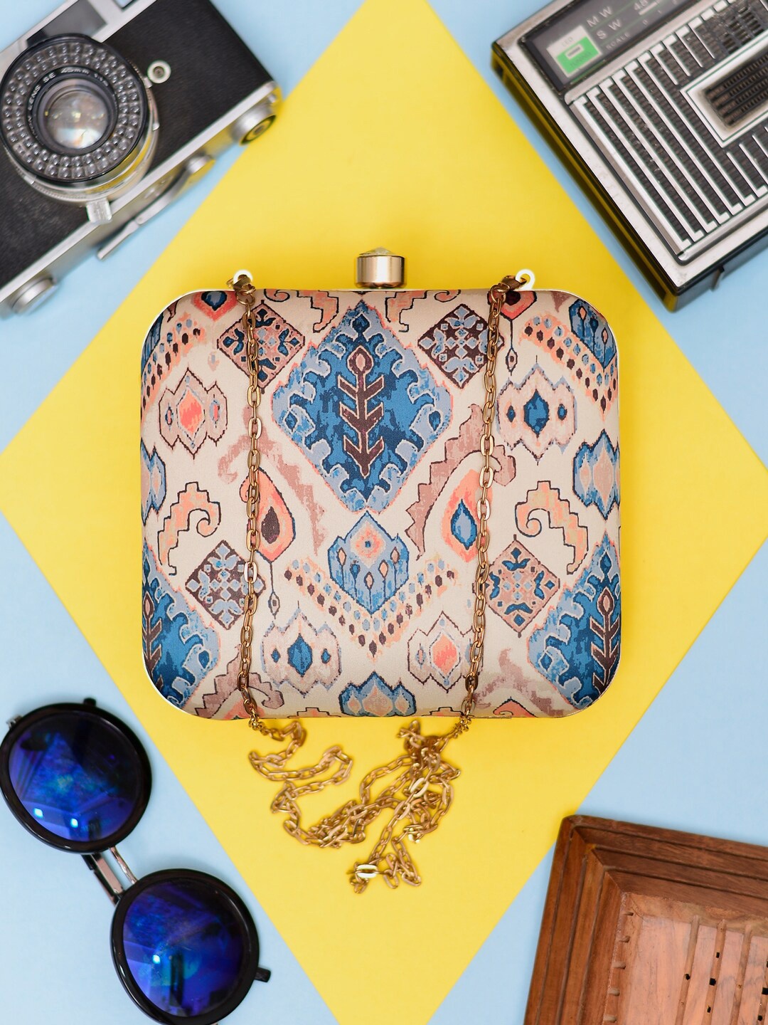 

ARTKLIM Printed Box Clutch With Sling Strap, Blue