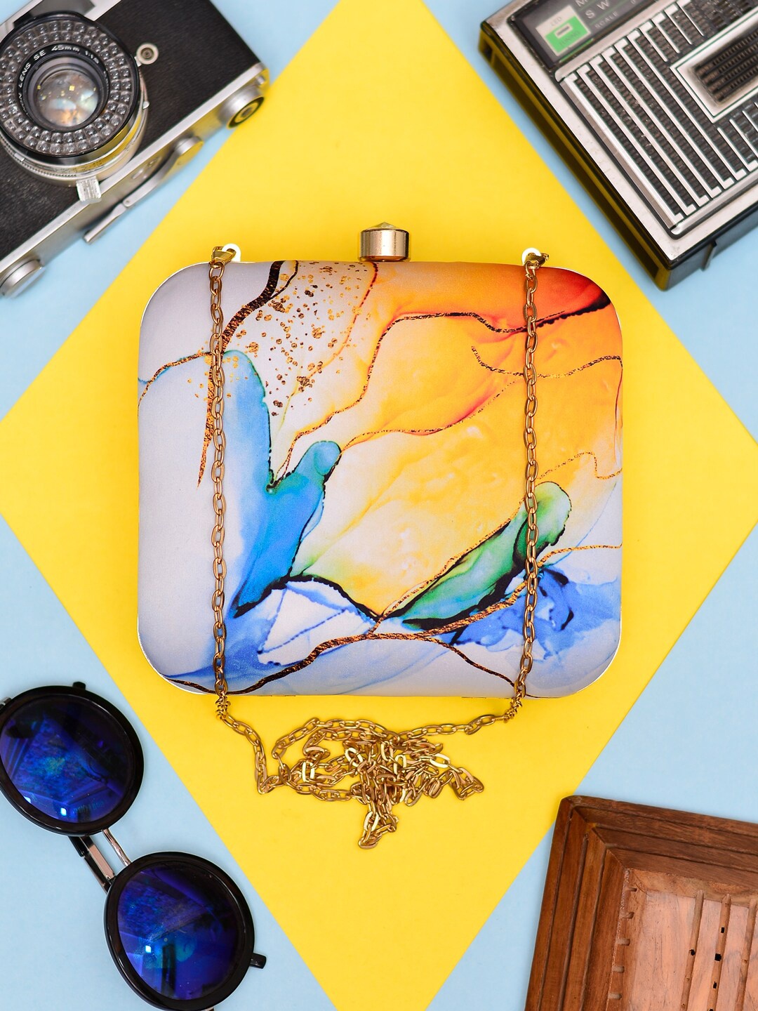 

ARTKLIM Printed Box Clutch With Shoulder Strap, Blue
