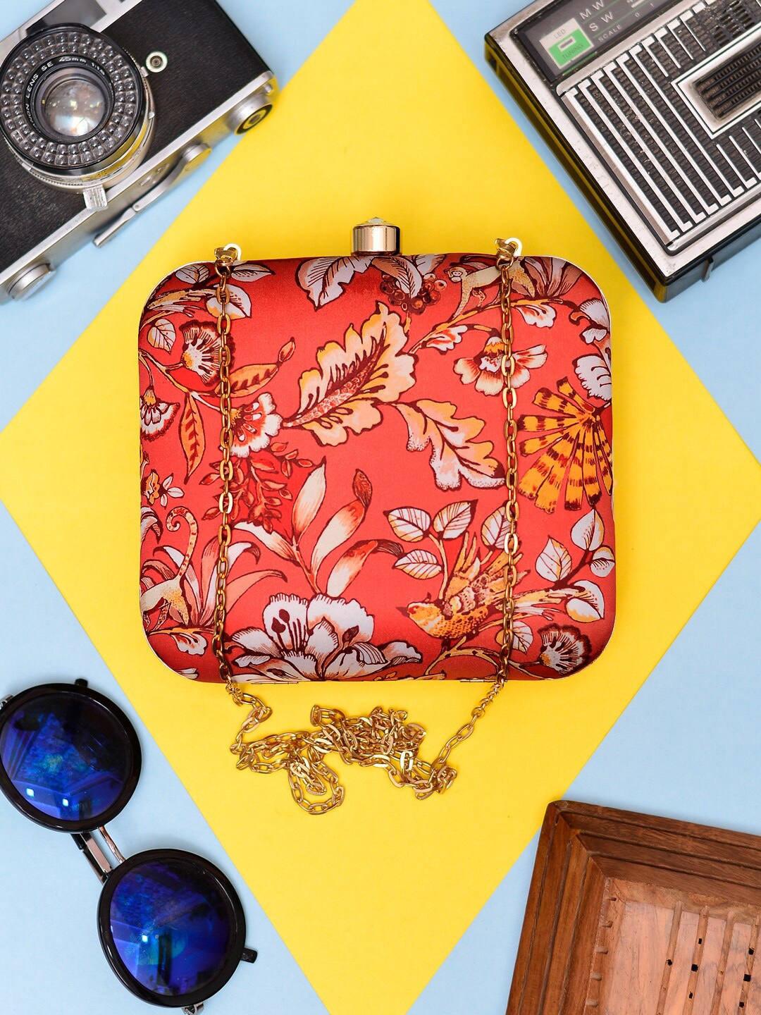 

ARTKLIM Printed Box Clutch With Shoulder Strap, Red
