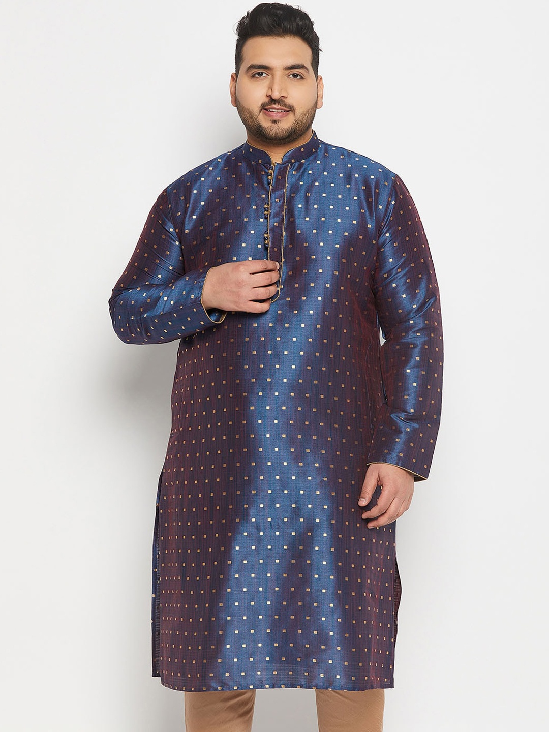 

VASTRAMAY Men Plus Size Geometric Woven design Mandarin Collar Jacquard Kurta, Blue