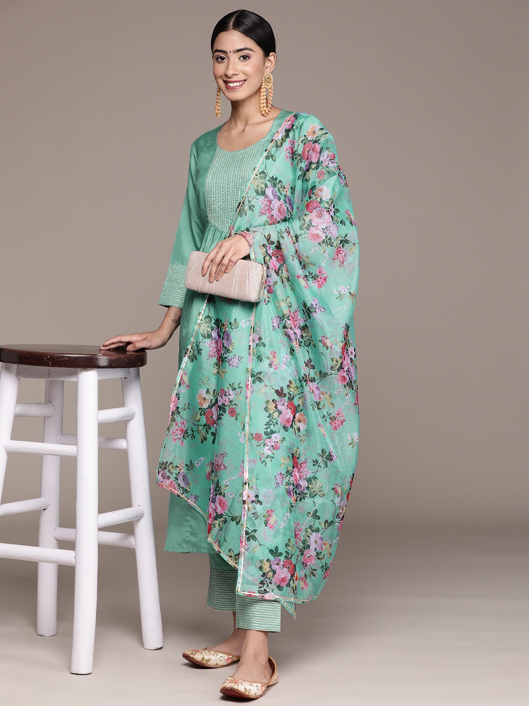 

Ishin Yoke Design Pleated Thread Work Kurta with Trousers & With Dupatta, Sea green