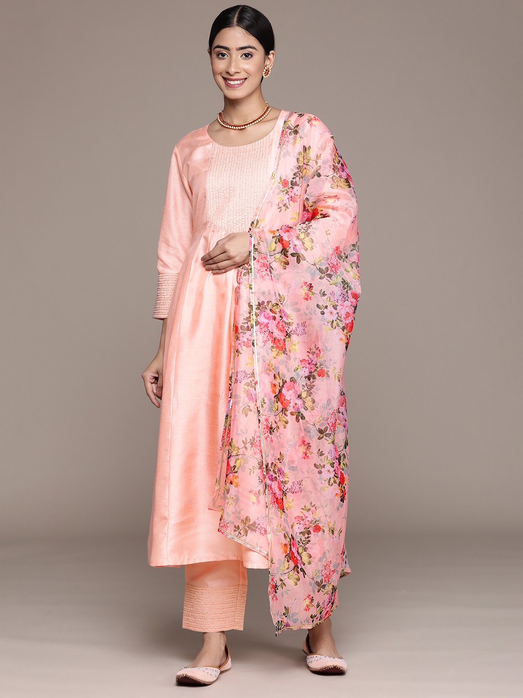 

Ishin Yoke Design Pleated Thread Work Kurta with Trousers & With Dupatta, Peach