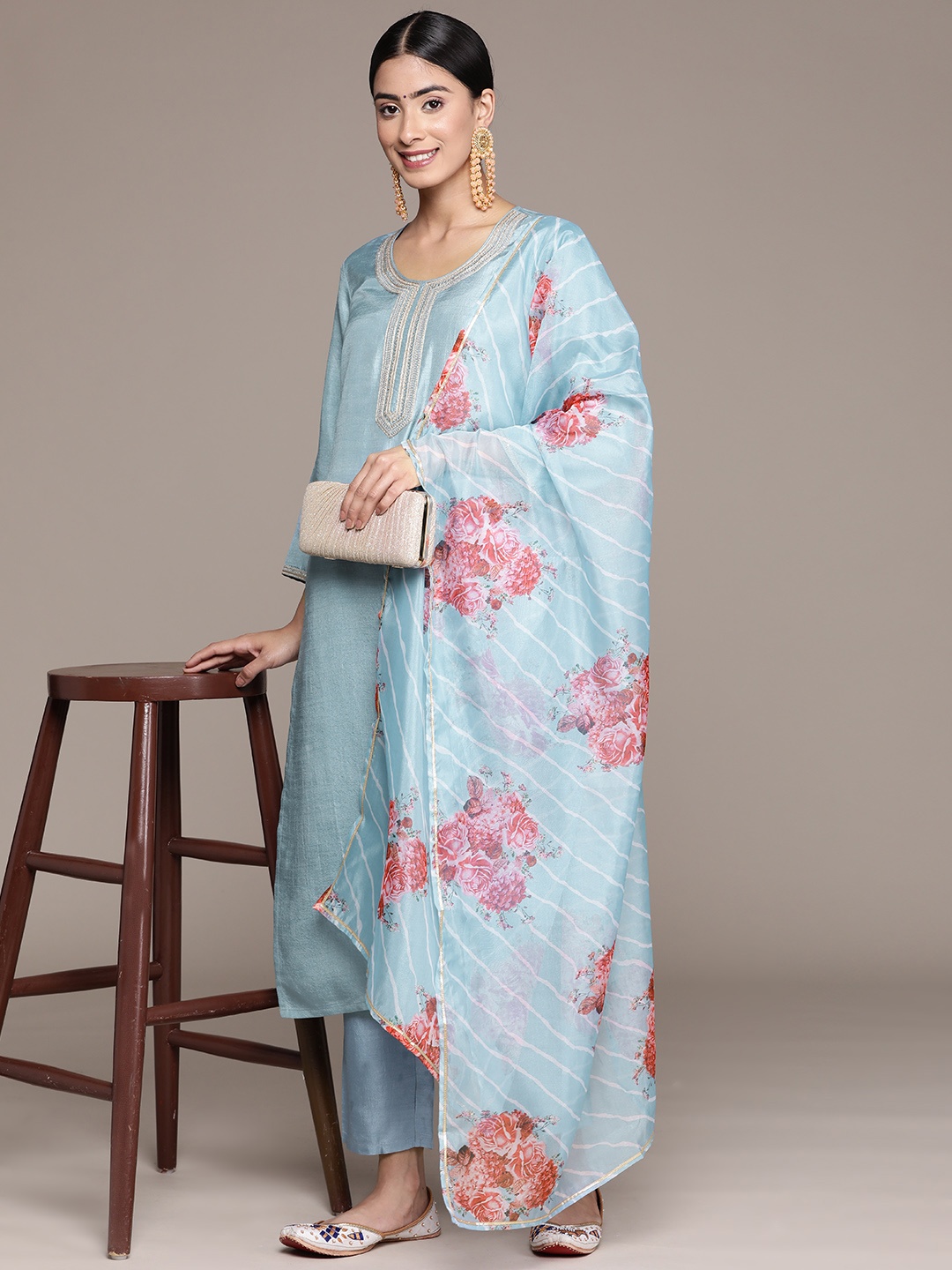 

Ishin Sequin & Zari Detailed Yoke Design Kurta with Trousers & Dupatta, Turquoise blue