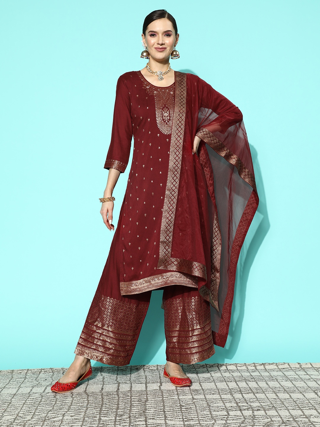 

Sangria Women Floral Yoke Design Regular Kurta with Palazzos & With Dupatta, Maroon