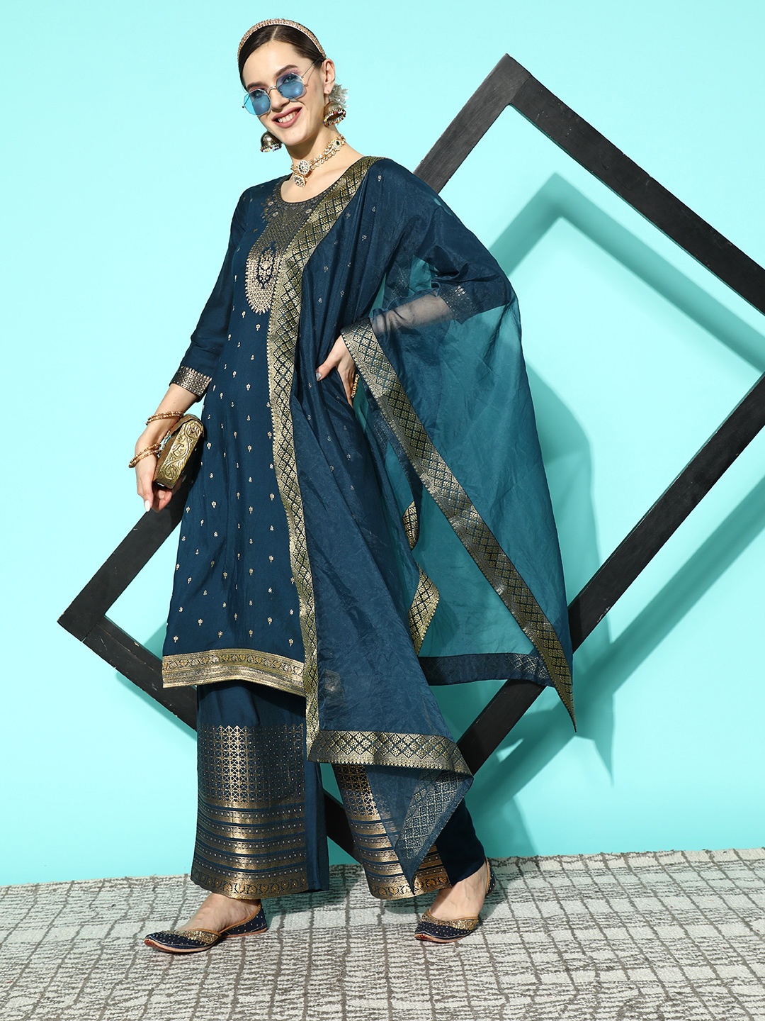 

Sangria Women Floral Yoke Design Regular Kurta with Palazzos & With Dupatta, Navy blue