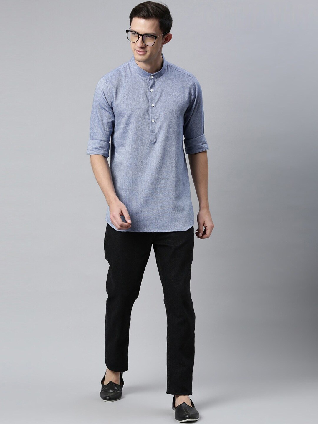

Cross Court Band Collar Short Straight Pure Cotton Kurta, Blue