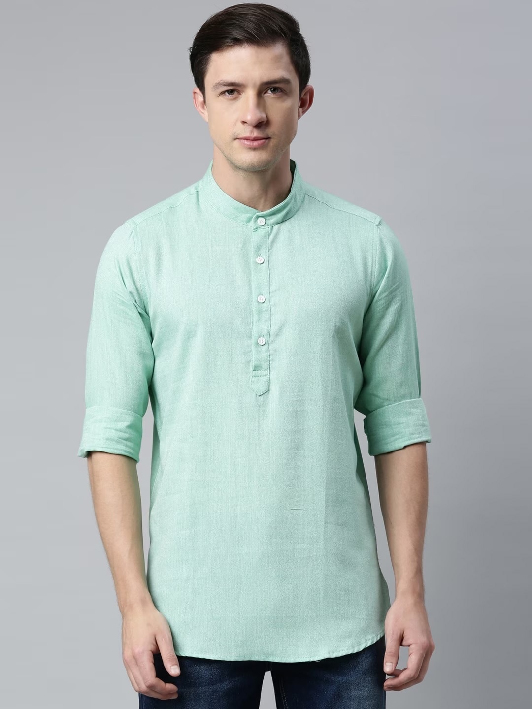 

Cross Court Band Collar Short Straight Pure Cotton Kurta, Green