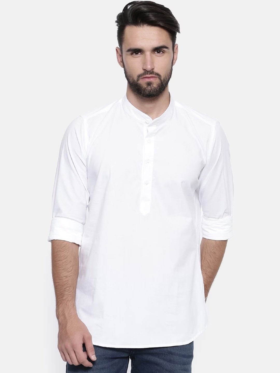 

Cross Court Band Collar Short Straight Pure Cotton Kurta, White