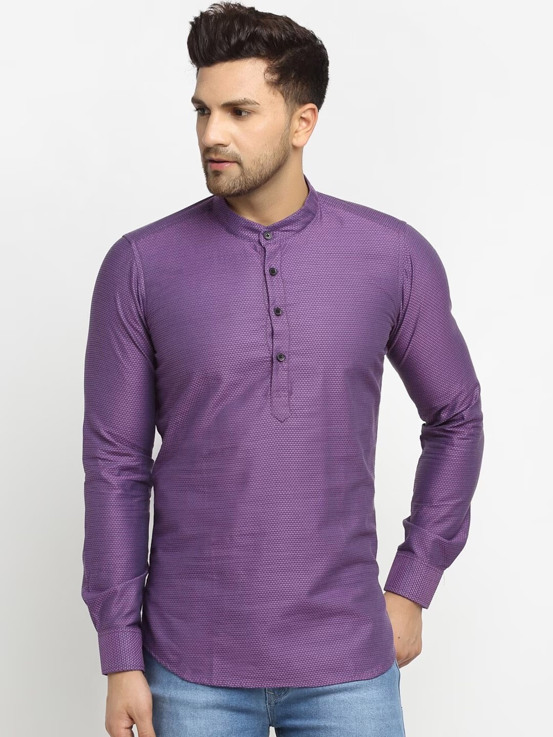 

Cross Court Band Collar Woven Design Short Straight Pure Cotton Kurta, Violet