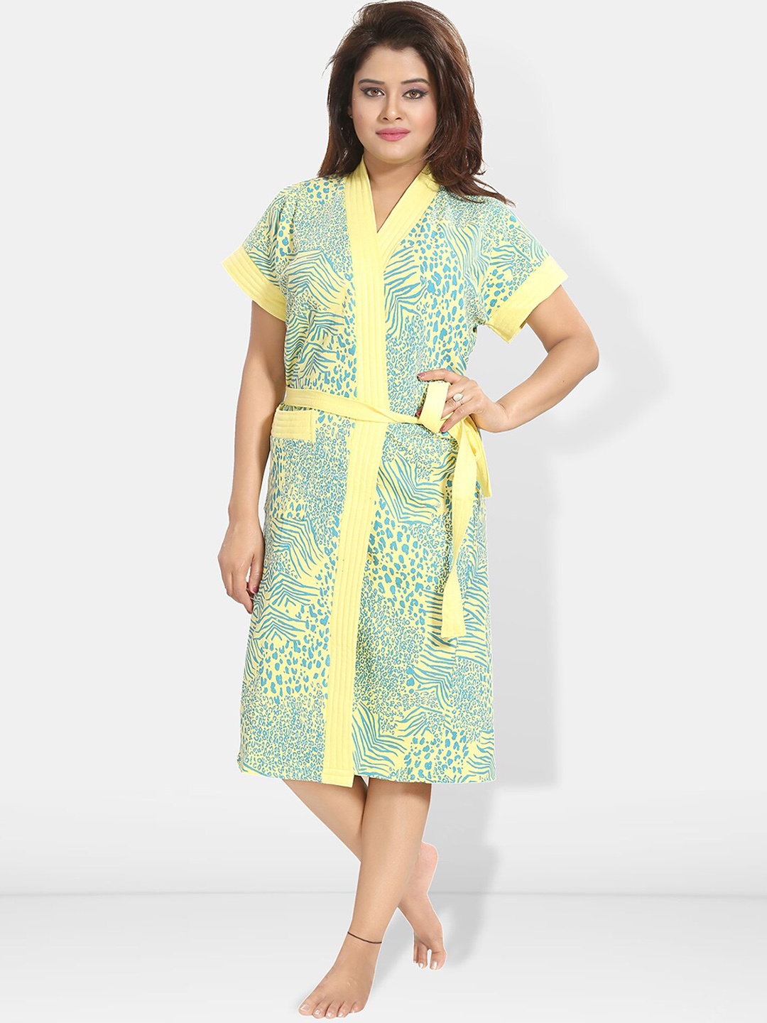 

Be You Women Printed Cotton Anti-bacterial Super Soft Bath Robe With Belt, Yellow