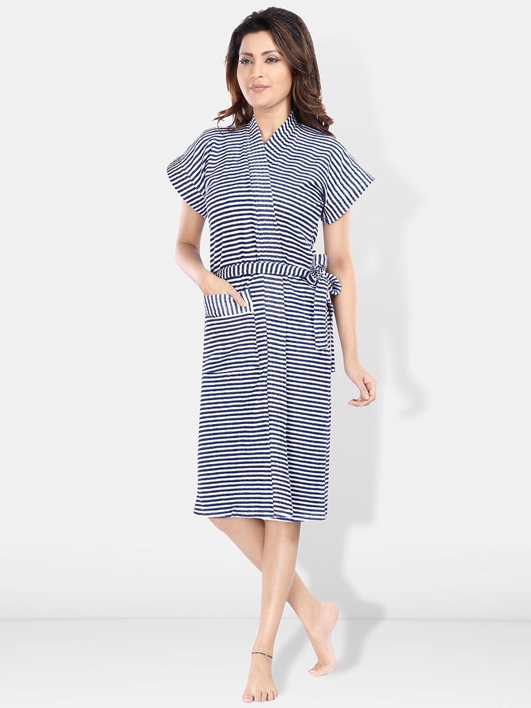 

Be You Women Striped Cotton Anti-bacterial Super Soft Bath Robe With Belt, Navy blue
