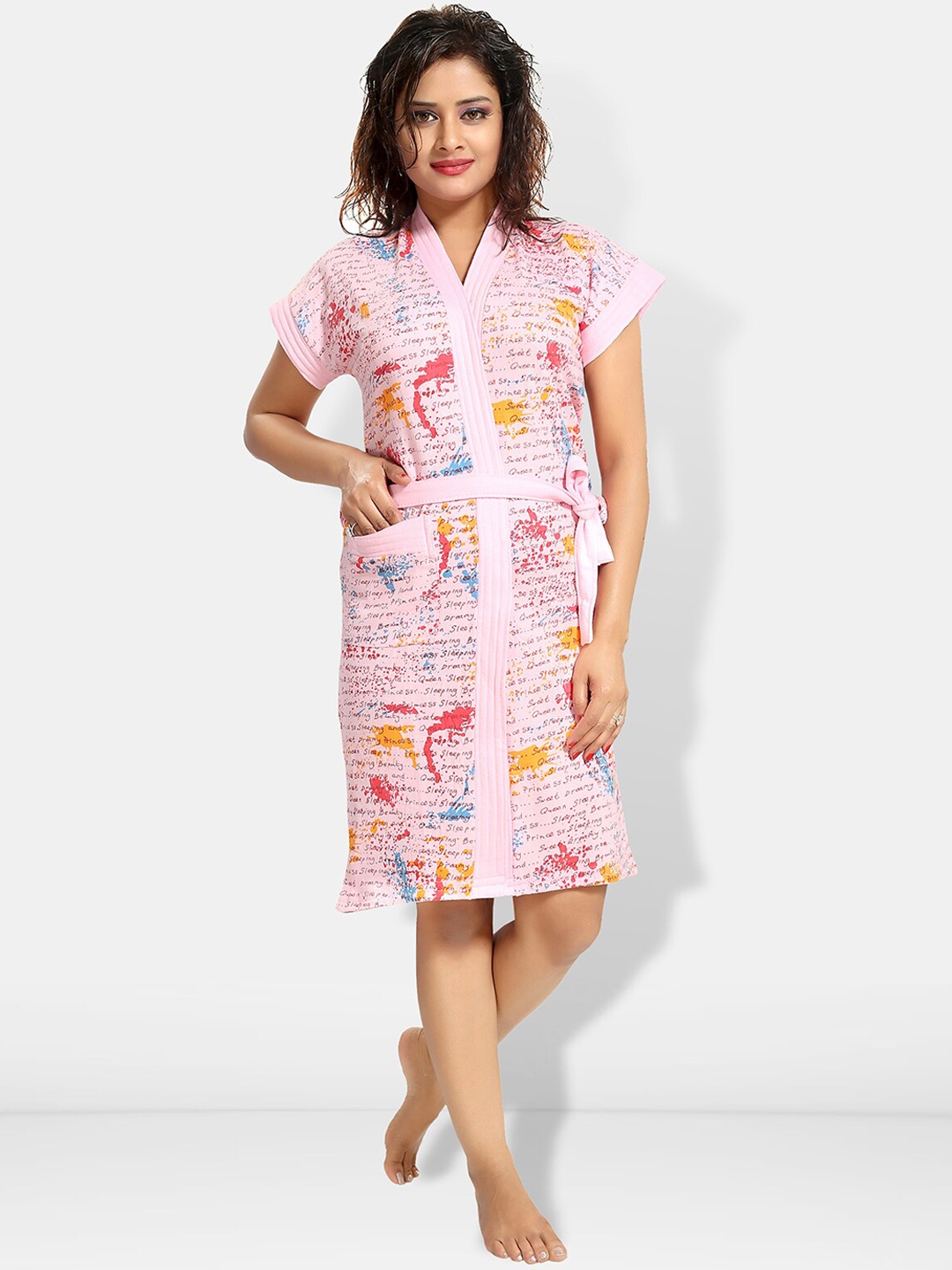 

Be You Women Printed Cotton Anti-bacterial Super Soft Bath Robe With Belt, Pink