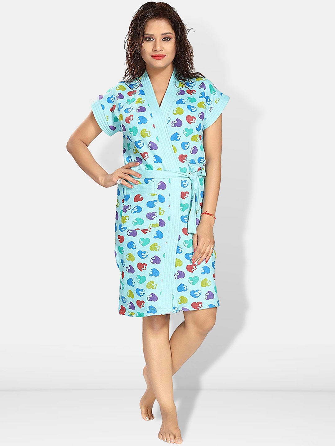 

Be You Women Printed Cotton Anti-bacterial Super Soft Bath Robe With Belt, Blue