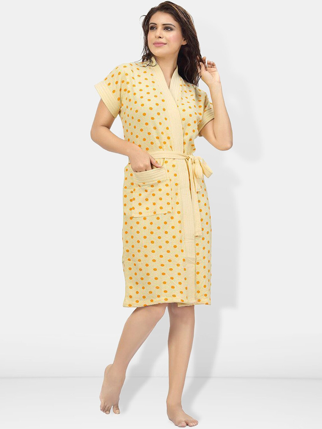 

Be You Women Printed Cotton Anti-bacterial Super Soft Bath Robe With Belt, Yellow
