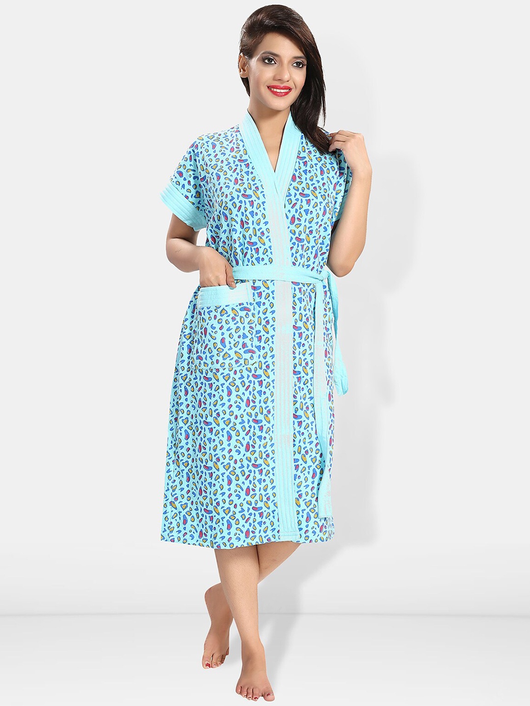 

Be You Women Printed Cotton Anti-bacterial Super Soft Bath Robe With Belt, Blue