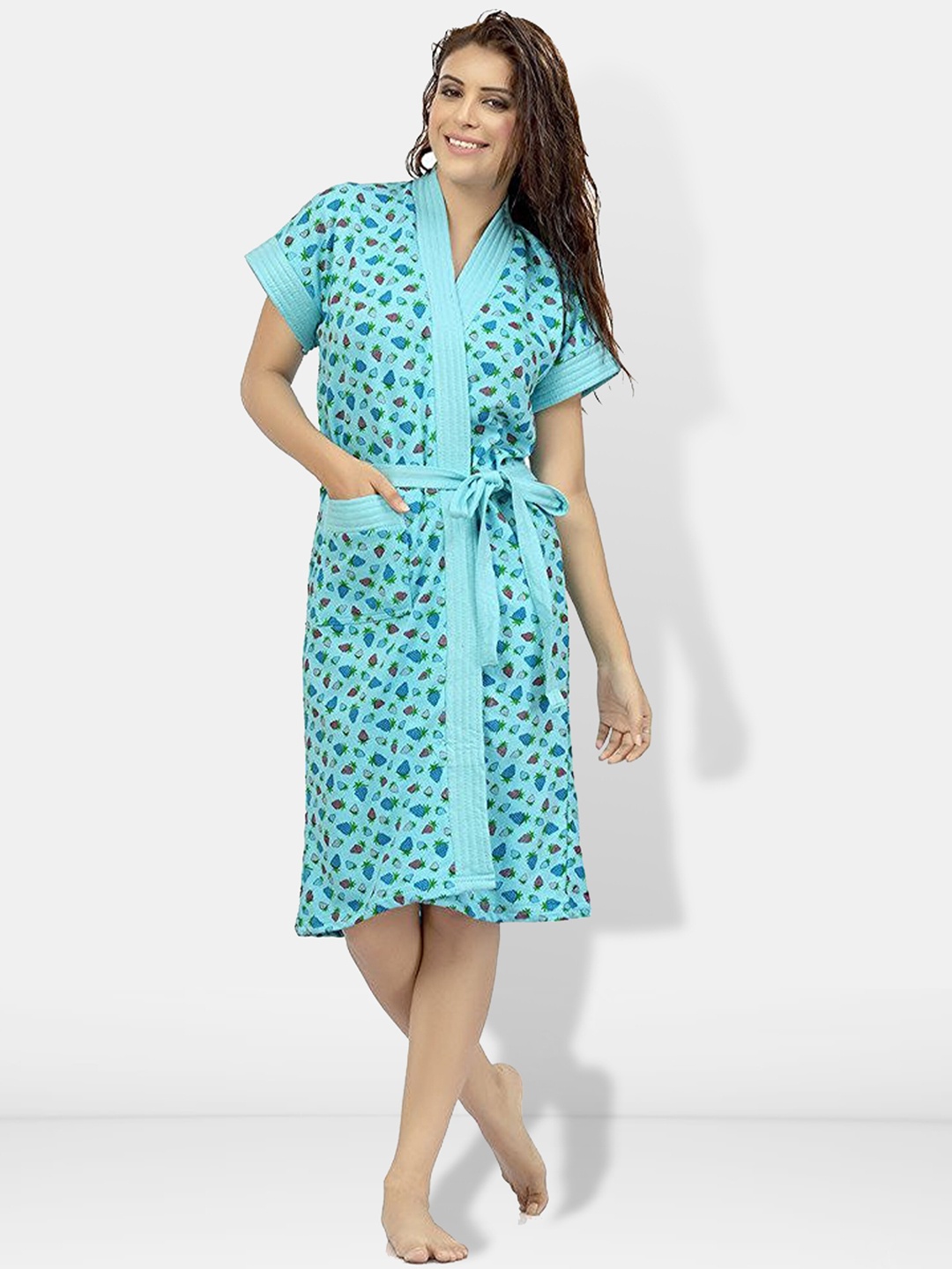 

Be You Women Printed Cotton Anti-bacterial Super Soft Bath Robe With Belt, Blue