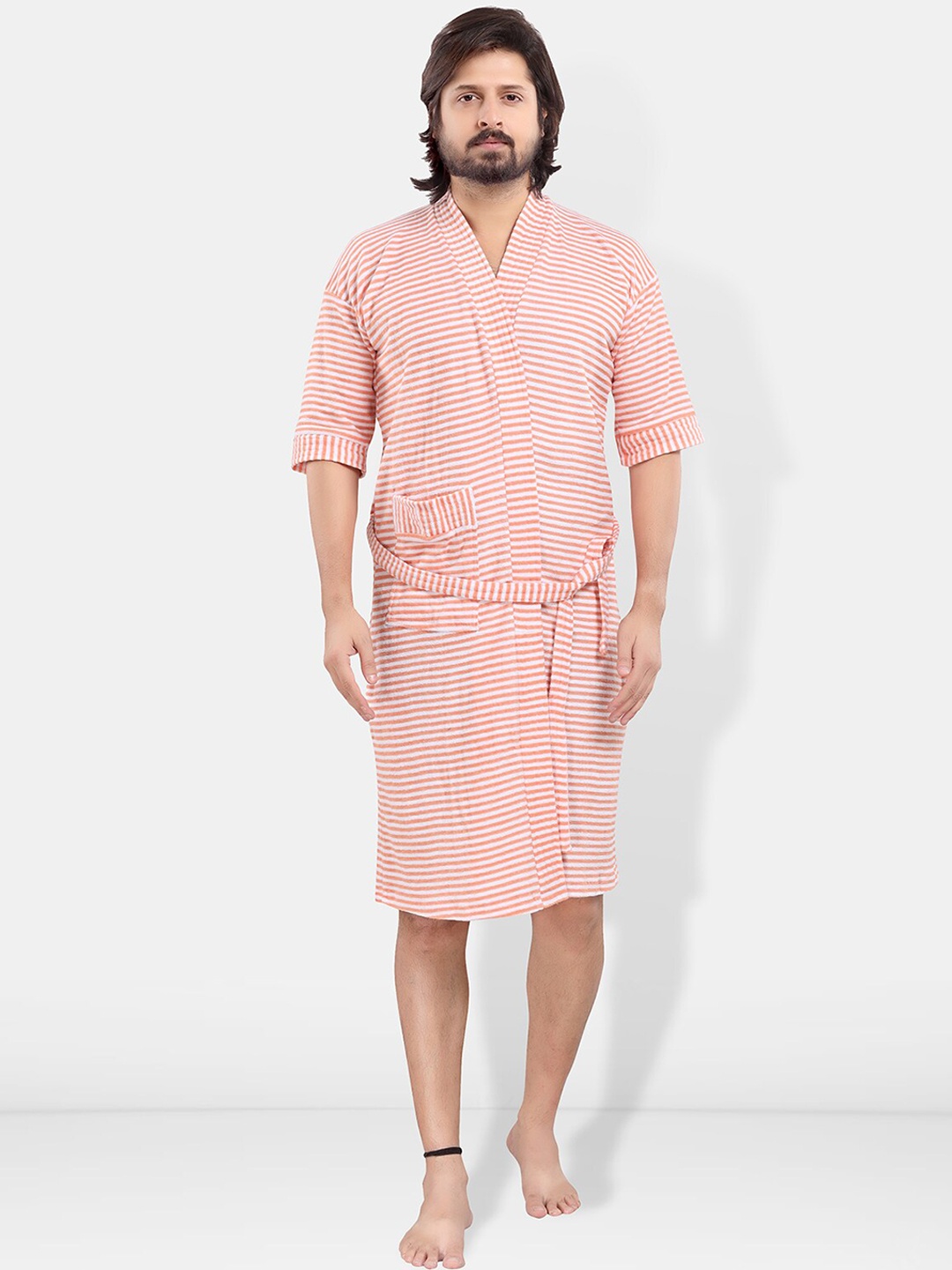 

Be You Men Printed Cotton Anti-bacterial Super Soft Bath Robe With Belt, Peach