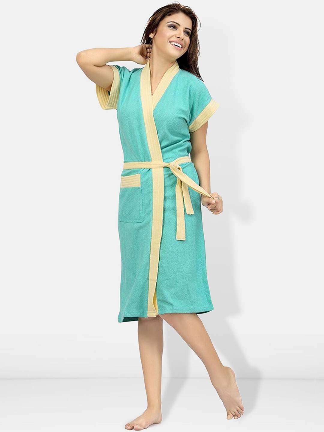 

Be You Women Cotton Anti-bacterial Super Soft Bath Robe With Belt, Sea green