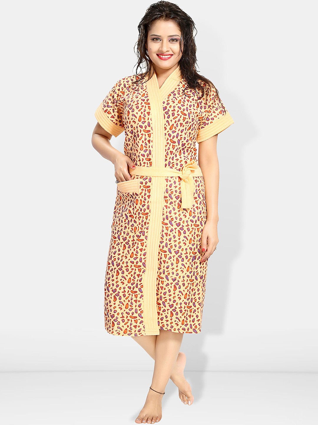 

Be You Women Printed Cotton Anti-bacterial Super Soft Bath Robe With Belt, Cream