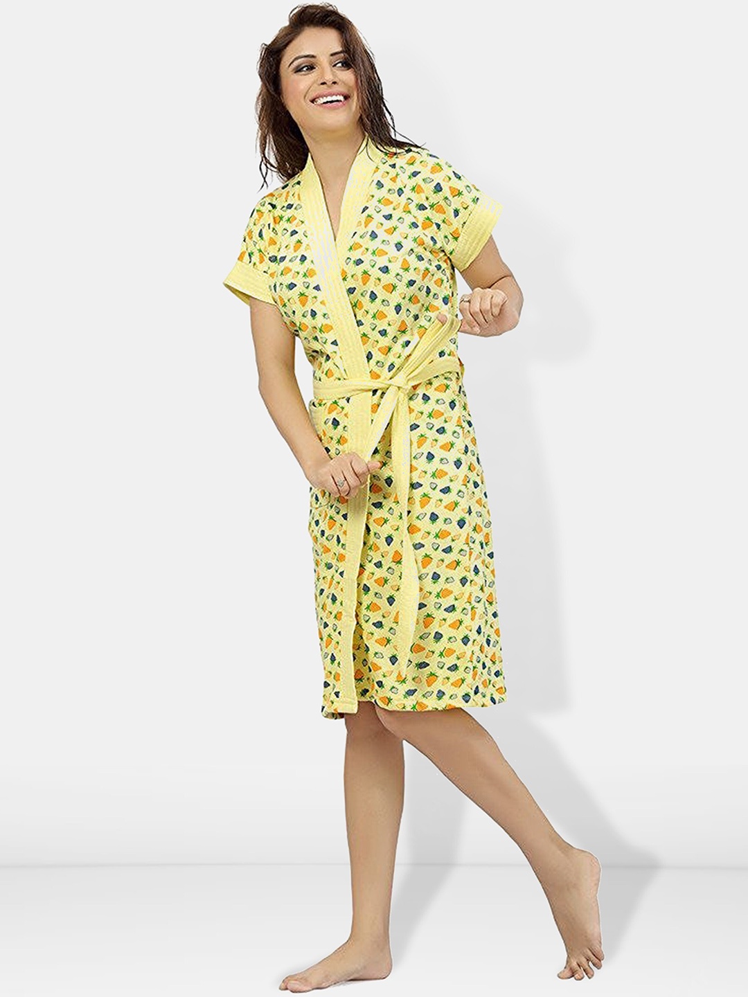 

Be You Women Printed Cotton Anti-bacterial Super Soft Bath Robe With Belt, Yellow