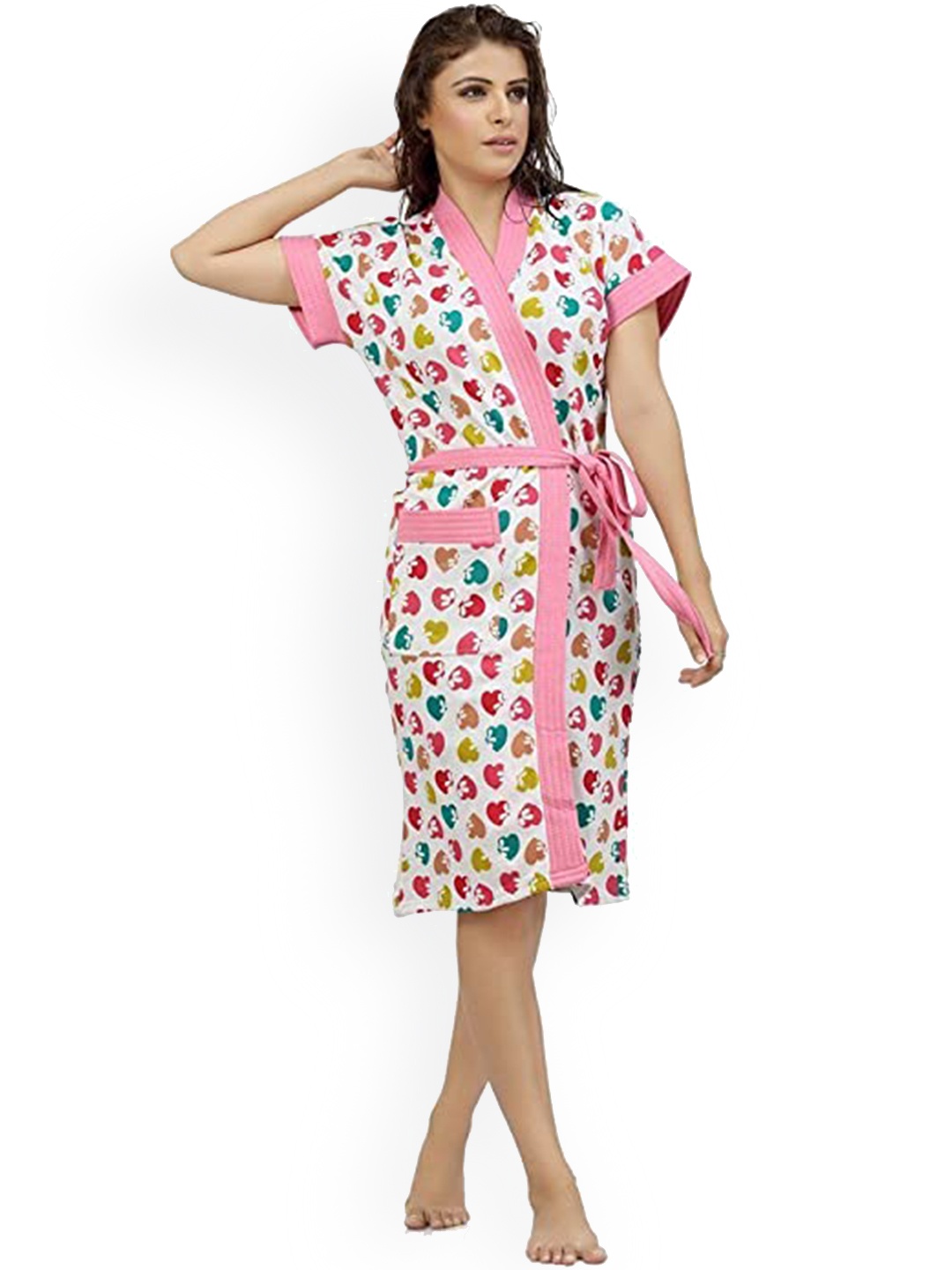 

Be You Women Printed Cotton Anti-bacterial Super Soft Bath Robe With Belt, White