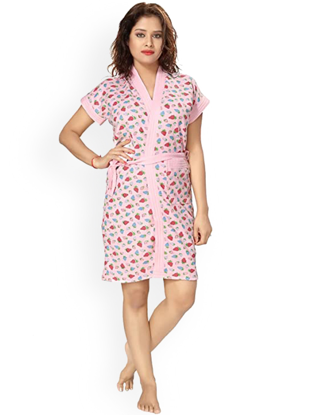 

Be You Women Printed Cotton Anti-bacterial Super Soft Bath Robe With Belt, Pink