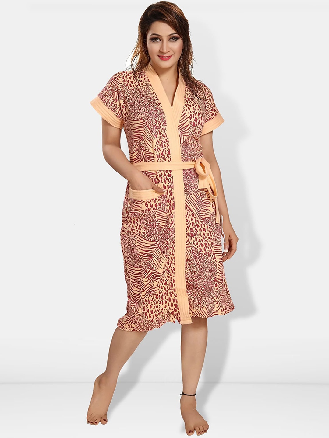 

Be You Women Printed Cotton Anti-bacterial Super Soft Bath Robe With Belt, Beige