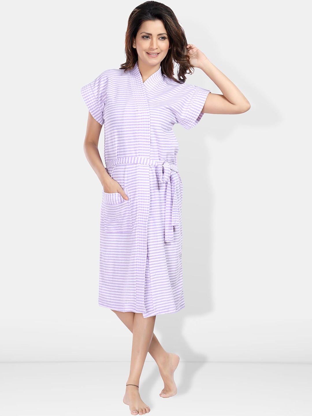 

Be You Women Printed Cotton Anti-bacterial Super Soft Bath Robe With Belt, Lavender