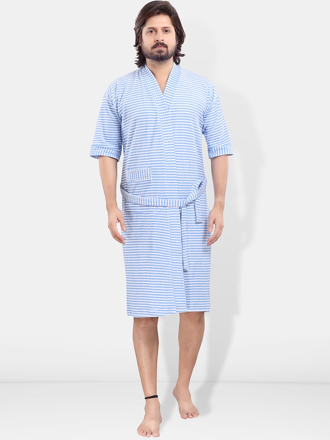 

Be You Men Printed Cotton Anti-bacterial Super Soft Bath Robe With Belt, Blue