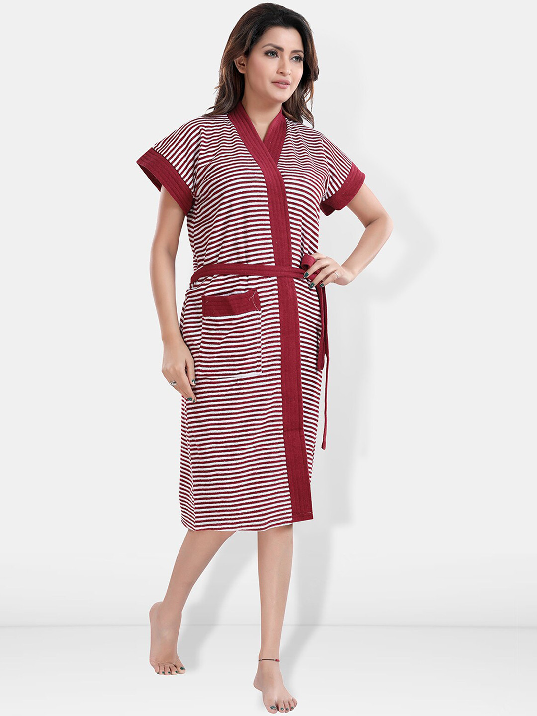 

Be You Women Printed Cotton Anti-bacterial Super Soft Bath Robe With Belt, Maroon
