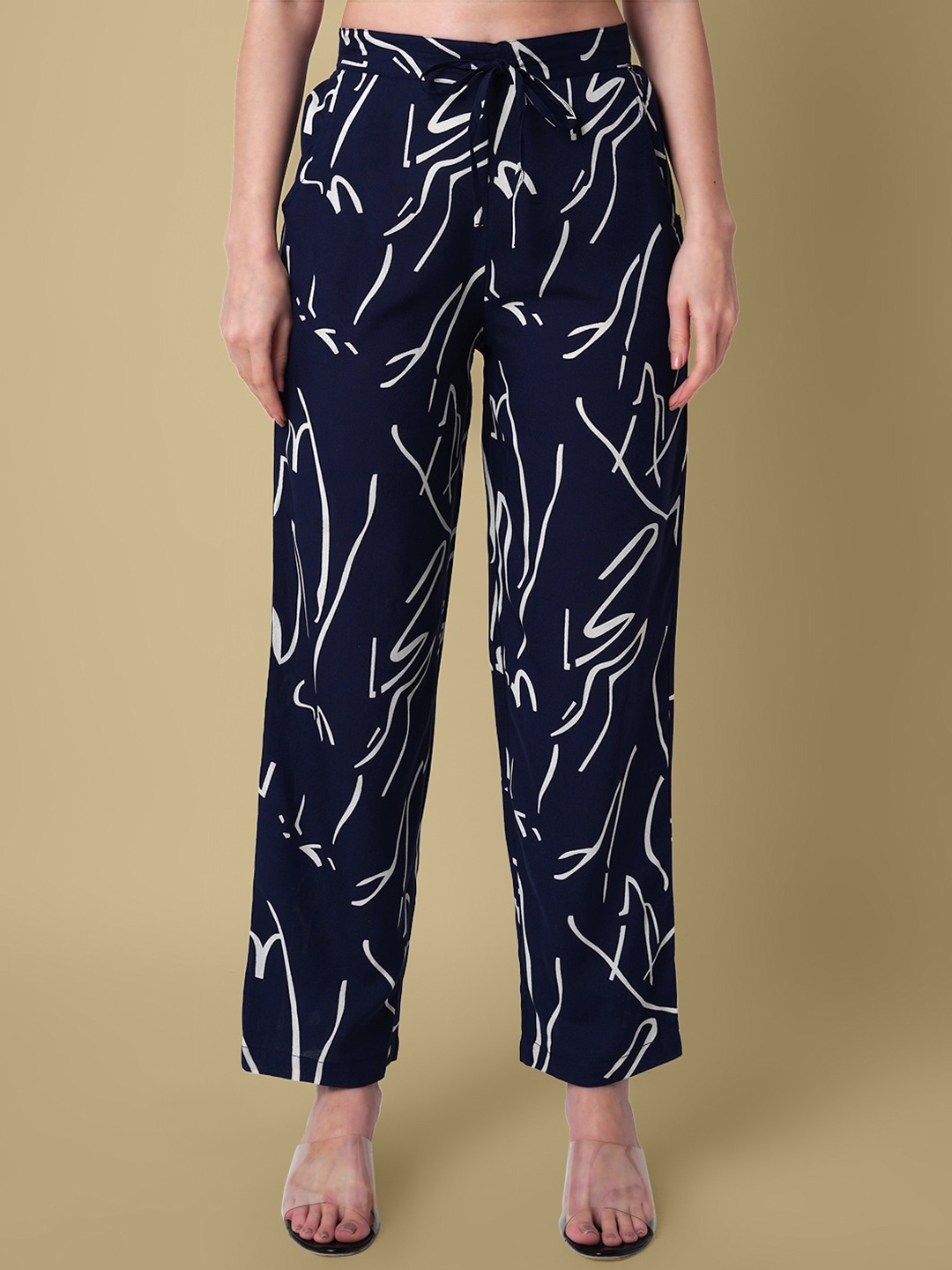 

DAEVISH Women Printed Smart Loose Fit Easy Wash Trousers, Blue