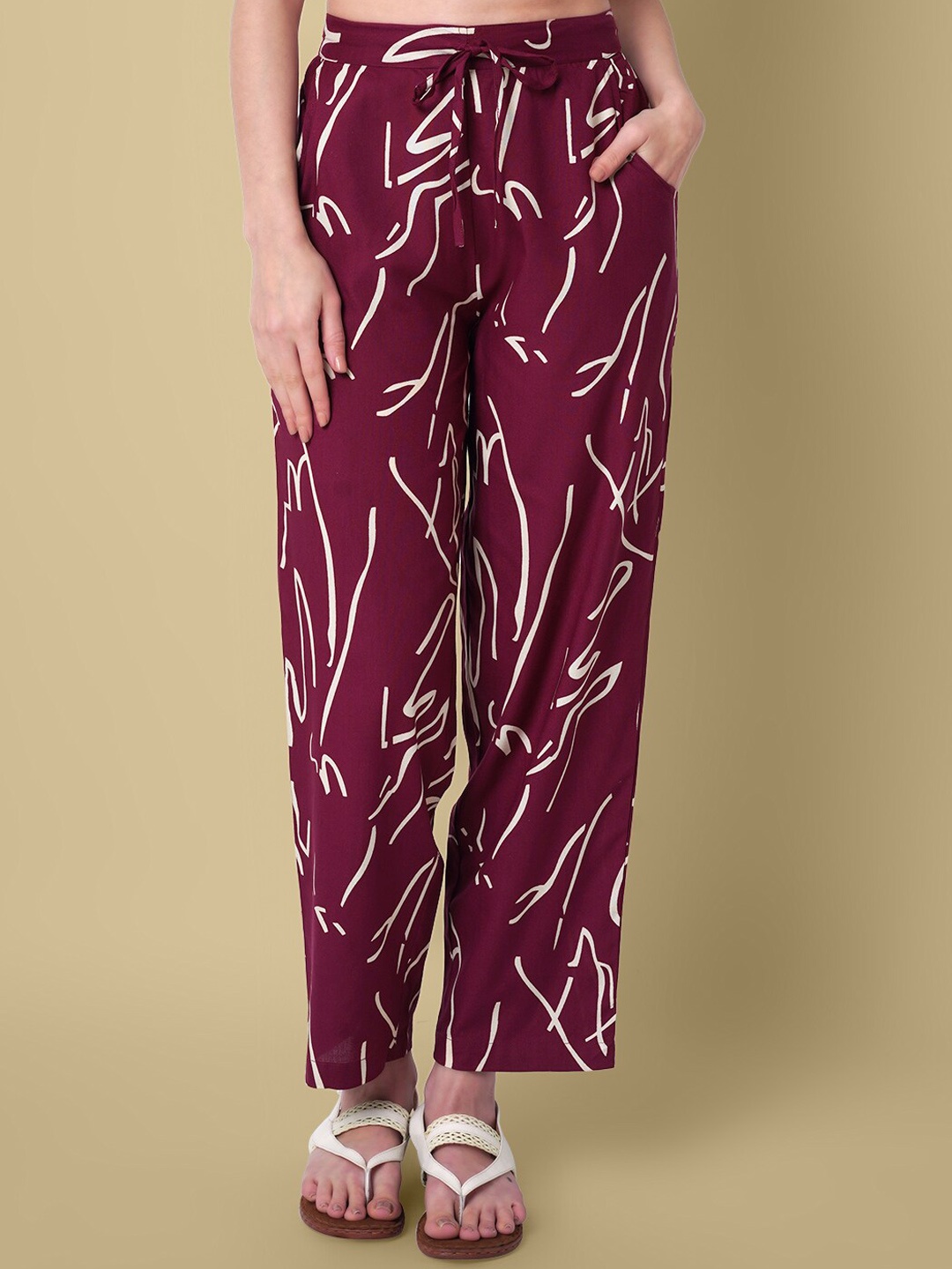 

DAEVISH Women Printed Smart Loose Fit Easy Wash Trousers, Maroon