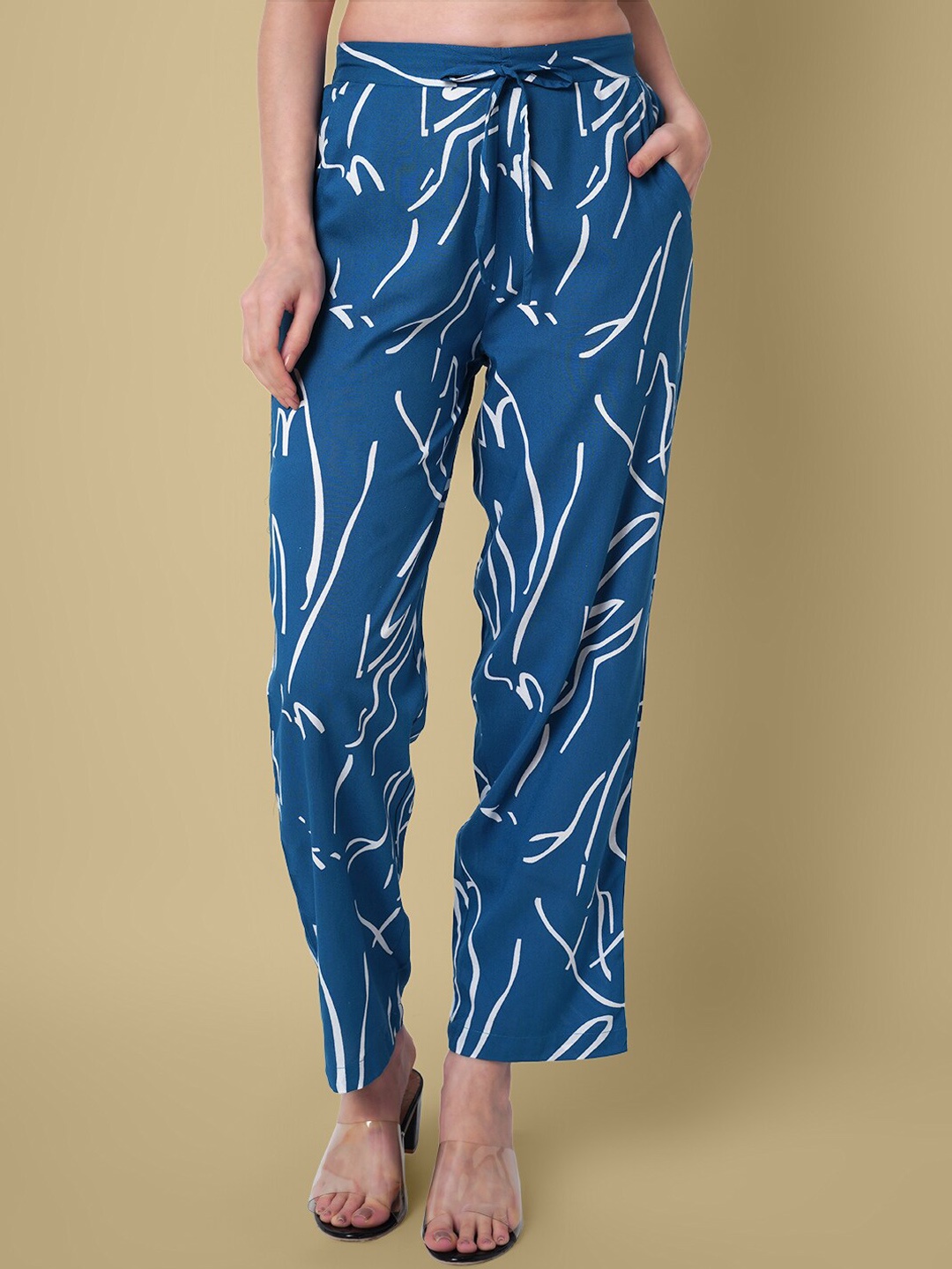 

DAEVISH Women Printed Smart Loose Fit Easy Wash Trousers, Blue