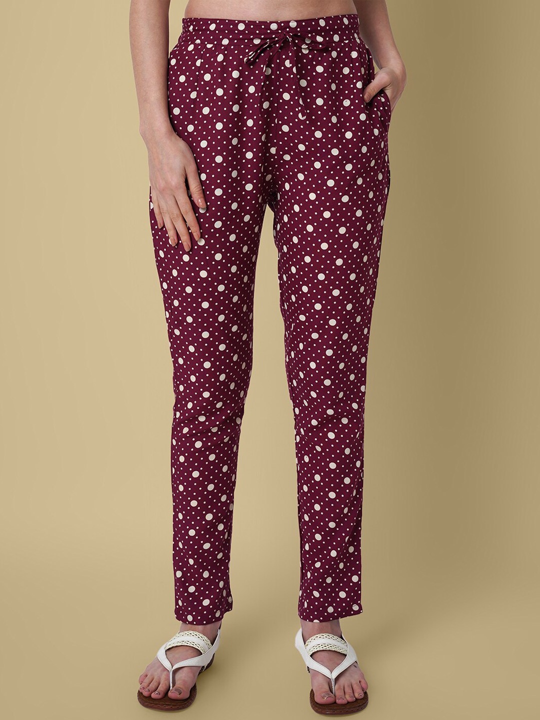 

DAEVISH Women Polka Dots Printed Smart Straight Fit Easy Wash Joggers, Maroon