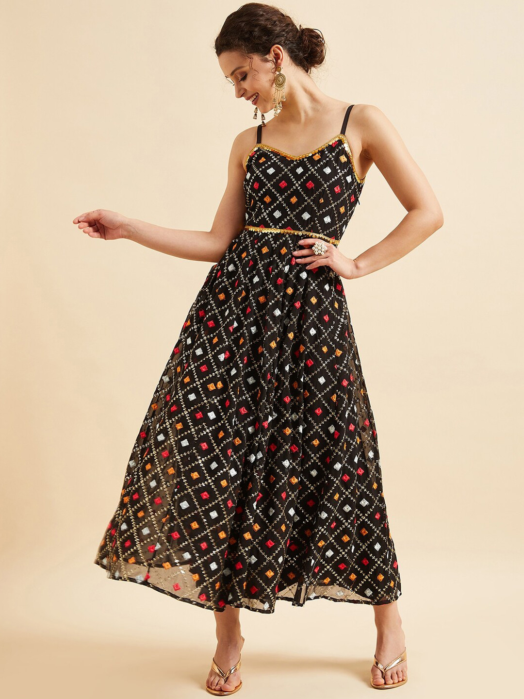 

PANIT Sequin Embroideried Ethnic Maxi Dress, Black