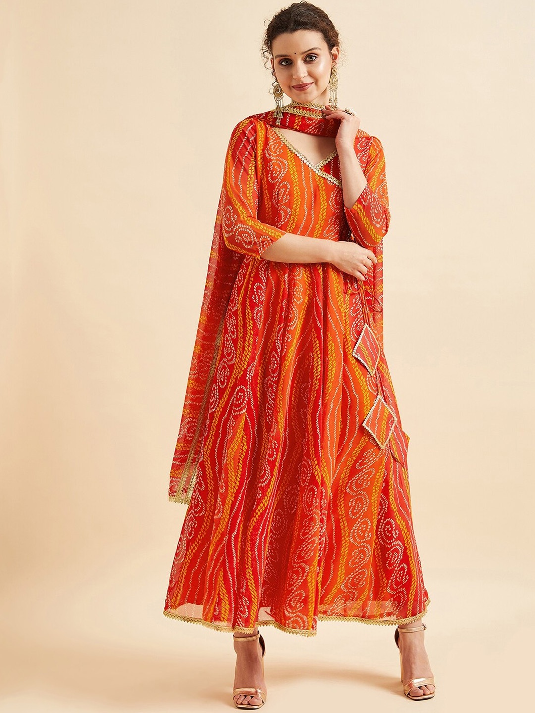 

PANIT Bandhani Printed V-Neck Anarkali Ethnic Maxi Dress With Dupatta, Orange