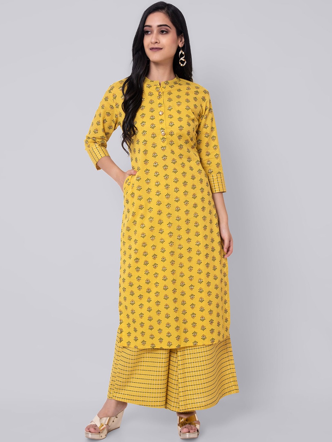 

Wodreams Ethnic Motifs Printed Band Collar Pure Cotton Kurta with Palazzos, Yellow