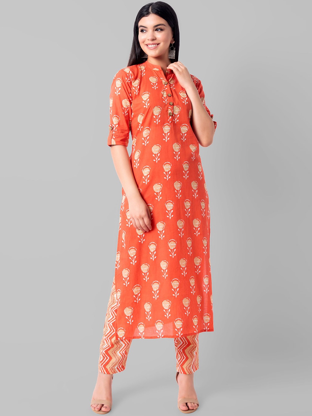 

Wodreams Floral Printed Roll-Up Sleeves Mandarin Collar Pure Cotton Kurta with Trousers, Orange
