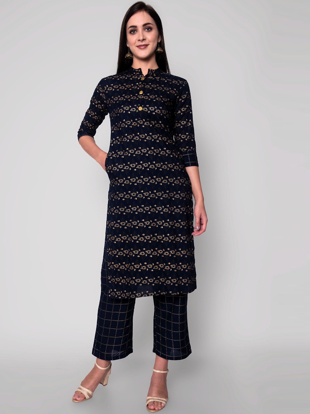 

Wodreams Mandarin Collar Ethnic Motifs Printed Kurta with Palazzos, Navy blue